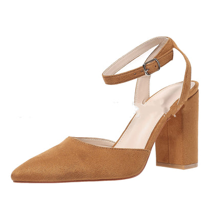 Women's Large Size Hollow Pointed Chunky Heel High Heels