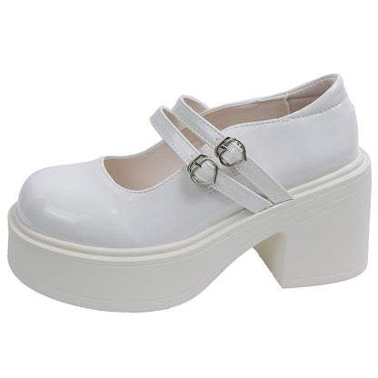 Thick Bottom Round Toe Leather Shoes Women's All-match