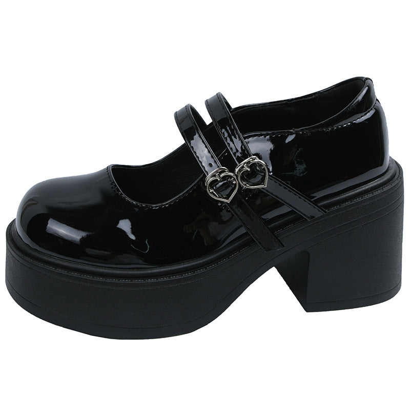 Thick Bottom Round Toe Leather Shoes Women's All-match